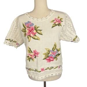 Lizsport Sweater Vintage 90's Cotton Ramie Short Sleeve Embroidered Medium